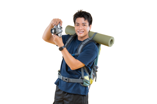 A male traveler with a backpack holding a camera, capturing moments. This shot captures the essence of adventure and exploration on png background