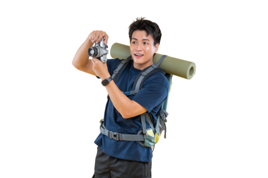 An explorer capturing photos using a camera on png background - Powered by Adobe