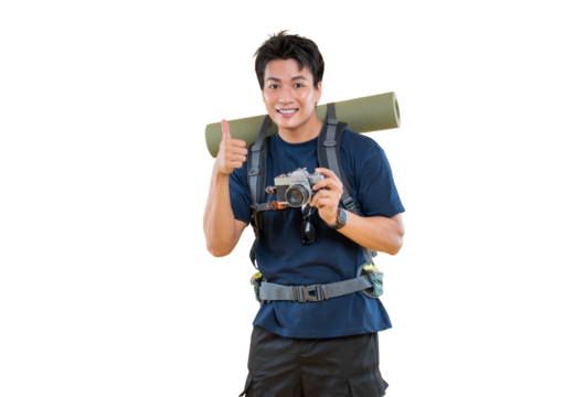 A happy traveler giving thumbs up, holding camera, hiking.  He has a backpack and smiling on png background