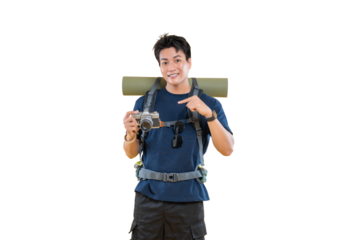 An enthusiastic hiker posing with a camera against a white background. He is ready for an outdoor adventure, backpack and a camera in hands