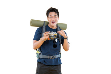A joyful male traveler with camera and backpack, ready for adventure on png background