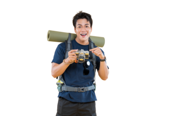 A joyful male traveler with camera and backpack, ready for adventure on png background