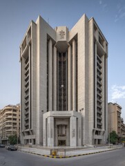 Modern concrete high-rise building.  Exterior view, city setting