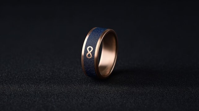 Unique ring with a gold "∞" symbol on a blue textured band and gold edges, placed on a dark backdrop, highlighting jewelry design, fashion, and symbolic themes.