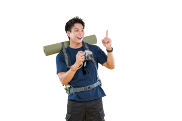 Smiling traveler with camera pointing upward and gesturing on png background