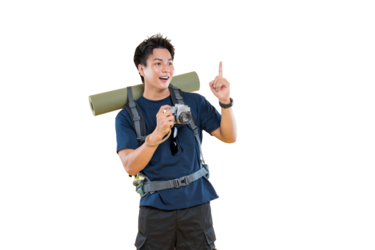 Smiling traveler with camera pointing upward and gesturing on png background - Powered by Adobe