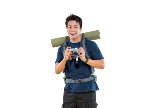 A hiker with a camera, ready for an adventure, smiling at the viewer with a map on png background