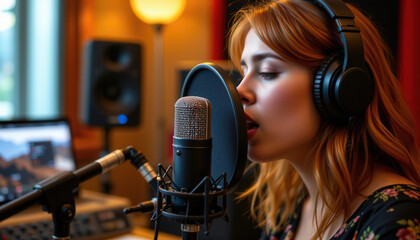 Young woman singing into vocal microphone with headphones in recording studio with warm lighting and blurred background
