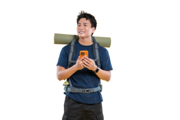 A young man traveler with backpack, holding a smart phone, planning his trip on png background