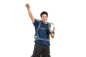 A happy male traveler raising an arm and holding a phone, showcasing a sense of adventure and exploration on png background