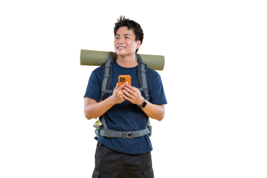 A young man traveler with backpack, holding a smart phone, planning his trip on png background