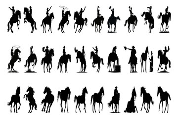 Silhouette collection cowboy horse riders, horse action horseback riding profile outlines, animal various poses and activities.