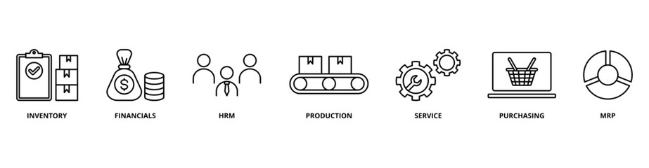 ERP icon set with inventory, financials, hrm, production, service, purchasing, and mrp