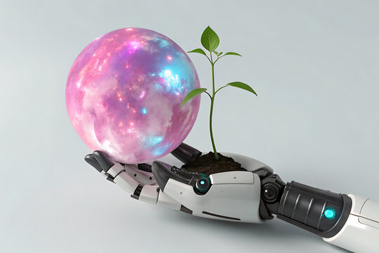 Robotic hand holding a glowing orb and a growing plant - Powered by Adobe