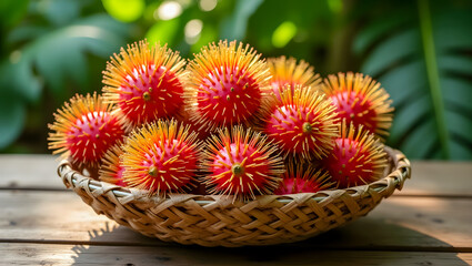 Rambutans in a Bamboo Basket on Wooden Table &ndash; Top-Down View in Natural Setting
