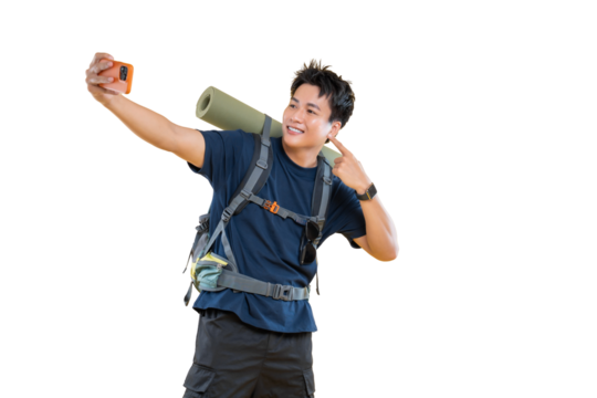 A young hiker taking a selfie with a backpack and map, showcasing a positive gesture on png background - Powered by Adobe