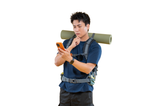 A thoughtful traveler consulting a smartphone while preparing for a hike on png background