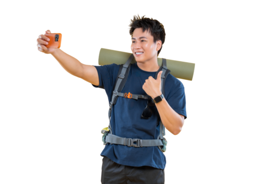 A hiker taking a selfie with a smartphone on png background
