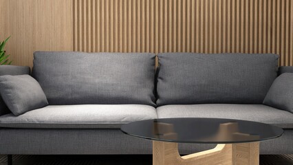 Round black glass top coffee table, wooden leg with black gray fabric sofa in brown wood wall living room with spotlight for modern, luxury interior design decoration, product background 3D