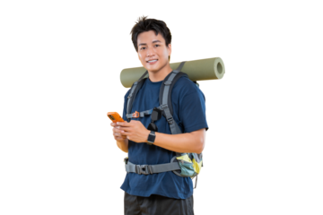 A young man holding a phone during a hiking activity on png background