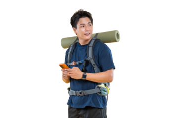 A smiling person on a hiking adventure with a backpack and a mat on his shoulder while looking and holding phone on png background
