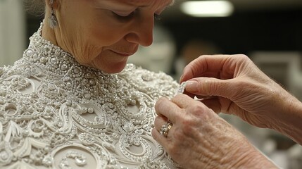Person attaching pin to wedding dress