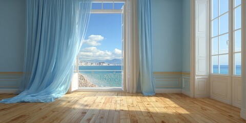 Modernes Interieur mit Meerblick und hellem Holzboden