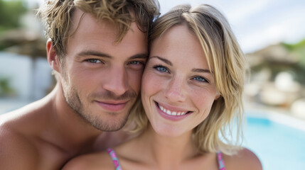 Joyful couple posing by poolside tropical resort lifestyle photography