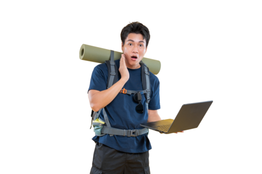 A surprised traveler is using laptop on png background. He carries a backpack and a sleeping mat. He is holding his face in surprise.on png background