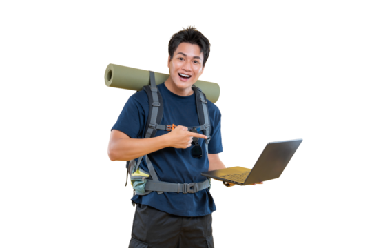 Adventurous man in outdoor gear, pointing at laptop on png background