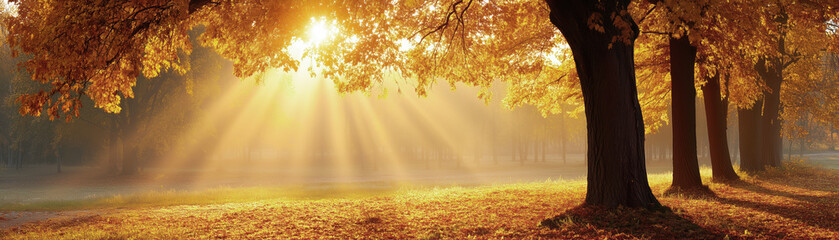 Sunlight streaming through autumn leaves in tranquil forest setting