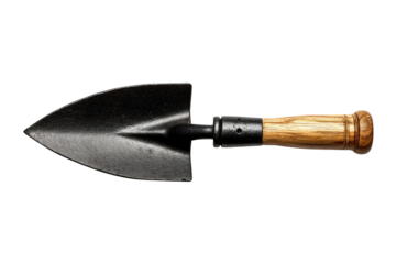 Black shovel with wooden handle, angled view