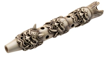 Bone flute carved with oni faces, isolated on white background