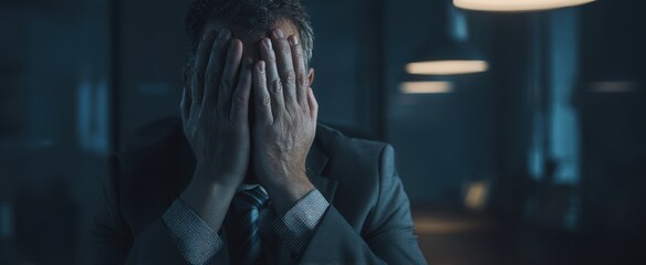 The man in the suit expressing deep emotional distress in a dimly lit office.
