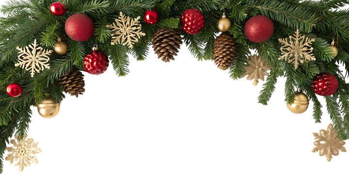 A festive christmas garland made of green fir branches adorned with shiny red baubles golden snowflakes pine cones and small gold ornaments creating a beautiful archway against a black background