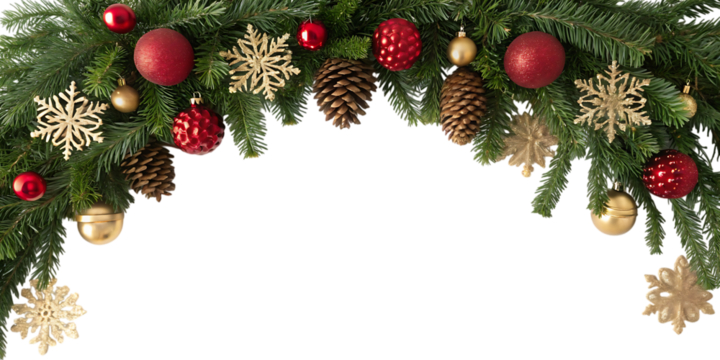 A festive christmas garland made of green fir branches adorned with shiny red baubles golden snowflakes pine cones and small gold ornaments creating a beautiful archway against a black background