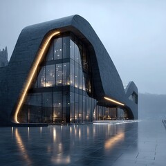 Obraz premium Exterior of Unique Modern Building, Combination of Stone and Glass, Night Lighting Outlines Contour, Creating Sci - tech and Artistic Atmosphere