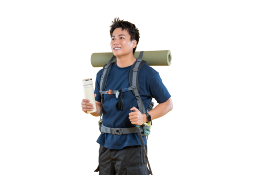 A hiker standing with a backpack and water bottle ready for a journey on png background