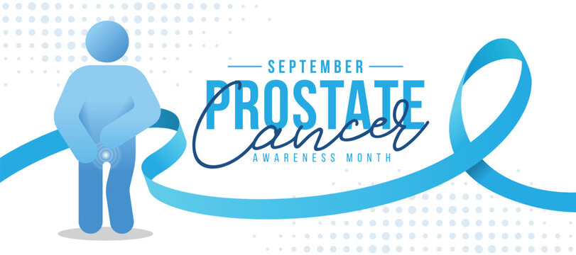 Prostate cancer awareness month - Blue man suffering from prostatitis symbol and light blue ribbon roll around on dot texture background vector design