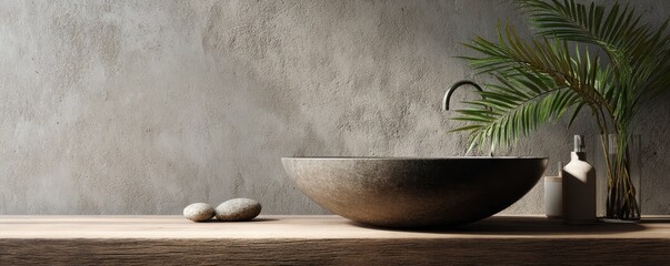 Fototapeta premium Modern, minimalist bathroom vanity with a large, dark stone sink, a palm leaf, and natural elements