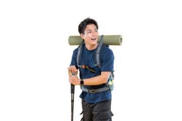 A young man, equipped for a hike, looking ahead with anticipation, standing out against a clean, simple backdrop on png background