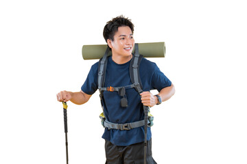 A hiker enjoying a solo trek in the wilderness, carrying a backpack and using trekking poles. He smiles and gazes towards the adventure ahead on png background