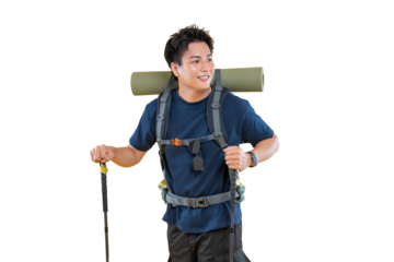 A hiker enjoying a solo trek in the wilderness, carrying a backpack and using trekking poles. He smiles and gazes towards the adventure ahead on png background