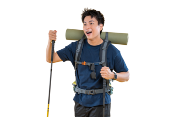 Excited hiker embarking on an outdoor adventure with hiking poles and a backpack. A young person is ready for the trail on png background