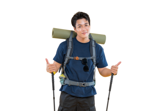 A young male hiker poses with thumbs up gesture and adventure gear on png background