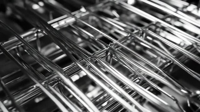 A close-up of a metal grill or grid, featuring parallel lines and intersecting structures, in shades of gray. The focus shifts across the mesh