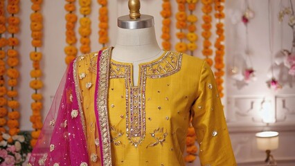 punjabi patiala suit, in bright yellow indian attire
