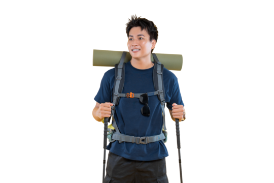 A young man is equipped for his hiking adventure. The man is wearing a backpack, carrying trekking poles, and a sleeping mat ready for the long hiking journey on png background