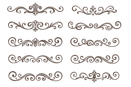 Collection of Ornate Flourishes and Decorative Swirls with Fleur-de-lis Accents in a Rich, Metallic Bronze Hue