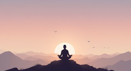Silhouette of person meditating on a mountain peak during sunset, serene landscape.